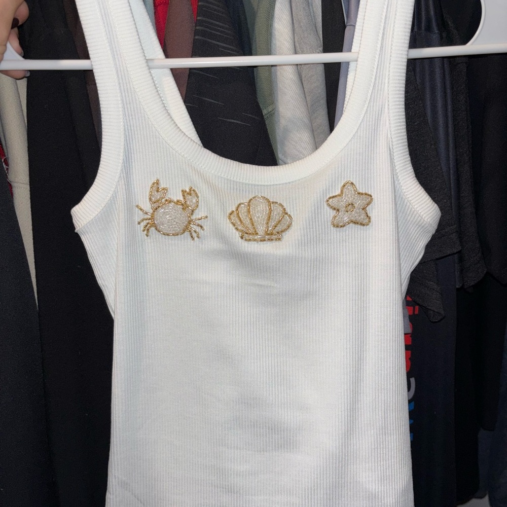 White Fox Boutique White Tank Top with Gold Embroidery